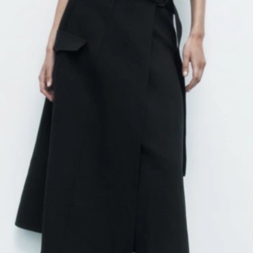 Zara Black Asymmetrical Wrap Midi Skirt